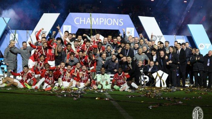 Para pemain AC Milan merayakan kemenangan di final Piala Super Italia antara Inter Milan dan AC Milan di Taman Al-Awwal di Riyadh pada 6 Januari 2025.