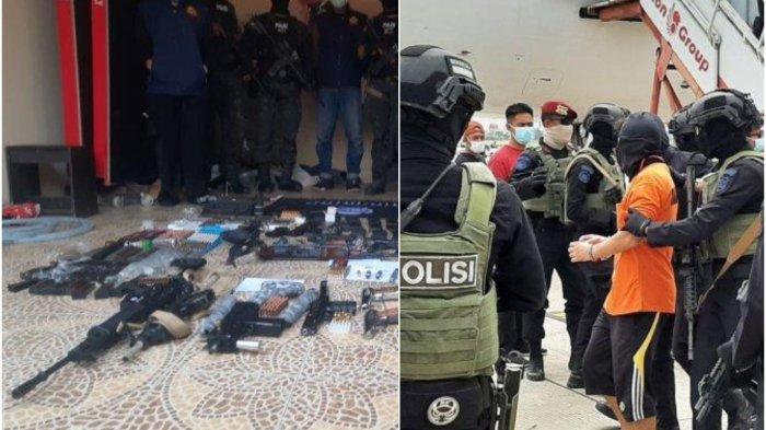 Barang bukti belasan senjata api dari penangkapan pegawai BUMN PT KAI berinisial DE (28) oleh tim Densus 88 Antiteror Polri di Perumahan Persona Anggrek Harapan, RT 07 RW 27, Bekasi Utara, Kota Bekasi, Jawa Barat, Senin (14/8/2023). 