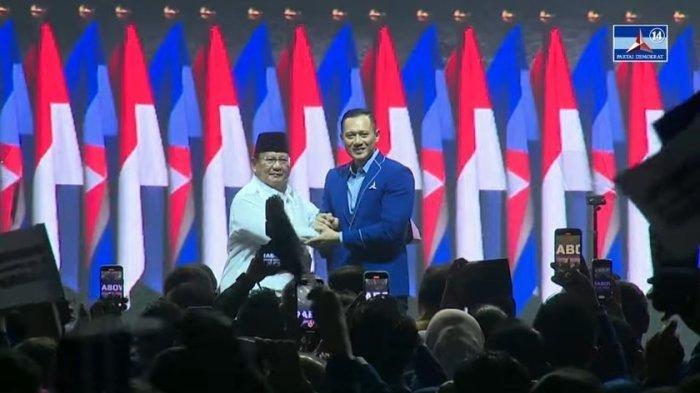 Capres Prabowo Subianto dan Ketua Umum Partai Demokrat Agus Harimurti Yudhoyono di Rapimnas Partai Demokrat, Kamis (21/9/2023)