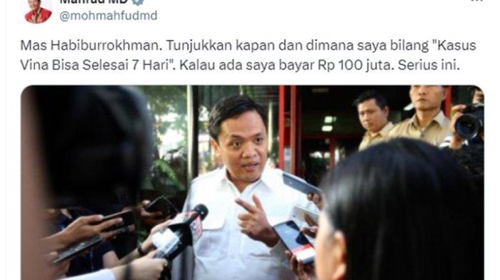 Cuitan Mantan Menkopolhukam Mahfud MD menanggapi pernyataan Wakil Ketua Umum Gerindra Habiburokhman.