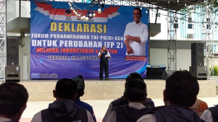 Forum Purnawirawan TNI POLRI dan ASN deklarasi dukung Anies Baswedan Capres 2024, kegiatan berlangsung di Kota Cinema Mall Jatiasih, Kota Bekasi, Senin (28/8/2023).