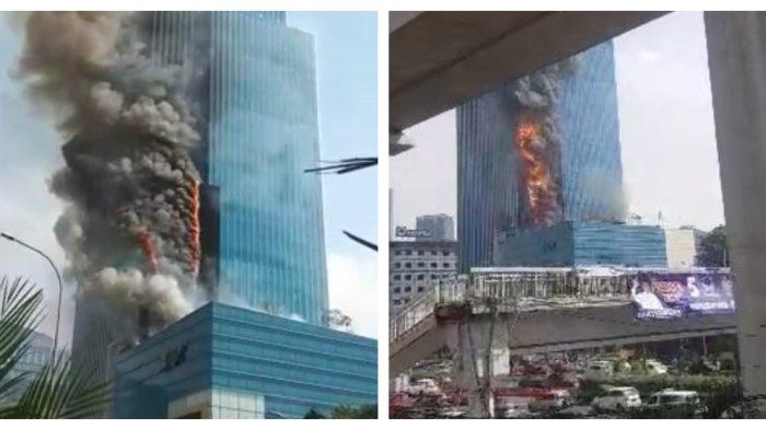 Gedung K Link Tower terbakar di Jalan Gatot Subroto, Kuningan Timur, Jakarta Selatan pada Sabtu (15/7/2023).