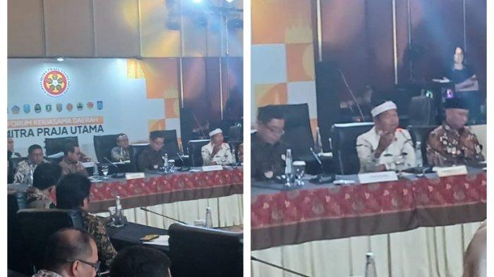 Gubernur DKI Jakarta Pramono Anung tampak duduk satu meja dengan Gubernur Jawa Barat Dedi Mulyadi saat menghadiri Forum Komunikasi Daerah Mitra Praja Utama yang digelar di Hotel Borobudur, Sawah Besar, Jakarta Pusat, Selasa (17/5/2025).