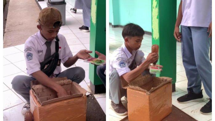 Imam, siswa di SMAN 1 Cikatomas, Tasikmalaya, Jawa Barat, berjualan es gabus demi membantu orang tuanya