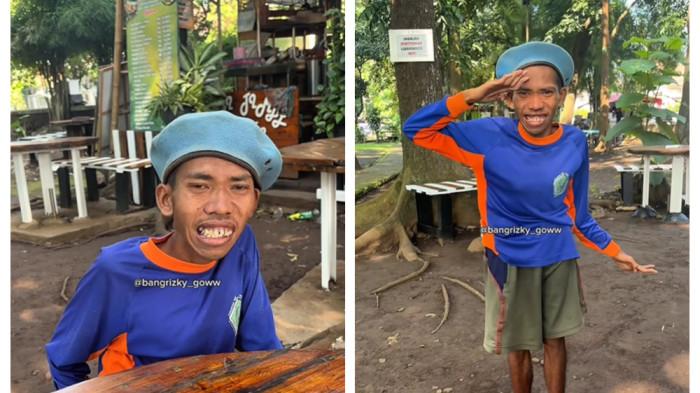 Aksi Ahmad remaja difabel menjaga perlintasan kereta api di kawasan Cimahi, Jawa Barat, membuat seorang polisi tersentuh. Ia akhirnya diajak sarapan.
