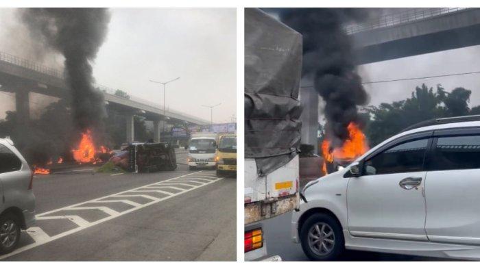 Kecelakaan lalu lintas mobil terbakar hebat di Tol Jatibening arah Cawang.