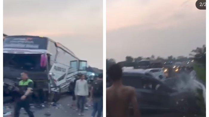 Kecelakaan lalu lintas sebuah bus yang diduga berisi rombongan Bonek terlibat kecelakaan di Tol Kawasan Pekalongan, Jawa Tengah pada Sabtu (12/4/2025).