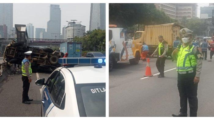 Kecelakaan tunggal sebuah truk boks terbalik usai mengalami pecah ban kanan di Jalan Tol Dalam Kota arah Cawang, Jakarta Selatan pada Jumat (1/9/2023).