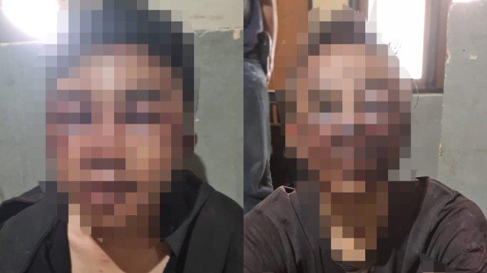 Kedua pelaku perampokan minimarket di Depok ketika diamankan di Mapolsek Cimanggis.