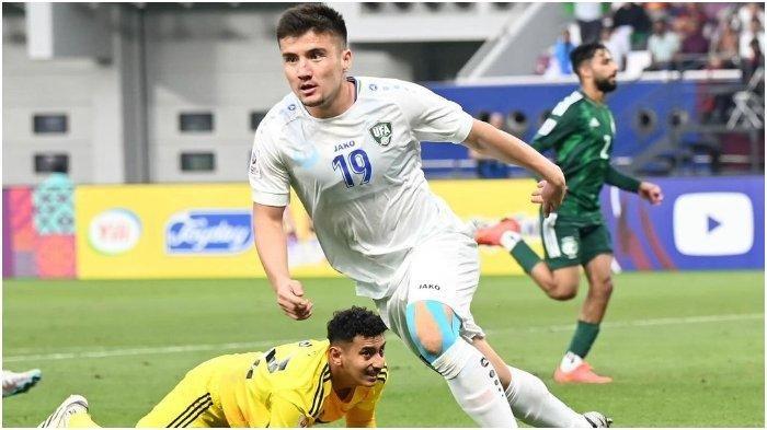 Khusayin Norchaev saat mencetak gol pada pertandingan Perempat Final Piala Asia U23 2024 antara Uzbekistan U23 vs Arab Saudi U23 di Stadion Internasional Khalifa, Jumat (26/4/2024).