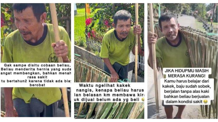 Kolase Foto Abah Usup penjual kirai. Kisah Abah Usup jalan kaki belasan kilometer nyeker berjualan kirai viral . Ia kesakitan derita sakit hernia selama enam tahun.