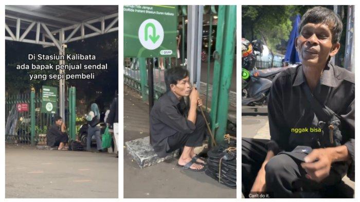 Kolase Foto Herman penjual sandal ban di depan Stasiun Duren Kalibata.  Herman (59) masih bisa tersenyum meskipun dagangannya sandal ban sepi pembeli saat berjualan di Stasiun Duren Kalibata, Jakarta Selatan. Kisahnya haru