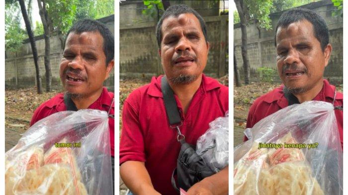 Kolase Foto Penjual Kerupuk Keliling, Donatus.  Kisah Donatus, pria tunanetra yang sehari-hari berjualan kerupuk tenggiri viral. Ia terkena tumor. Donatus tetap bersyukur meski ditipu pembeli.