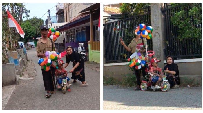 Kolase Foto pasangan disabilitas berjualan balon keliling.  Kisah pasangan suami istri disabilitas mengajak sang anak yang masih balita berjualan balon keliling viral di media sosial. Terkuak pengalaman pahit.