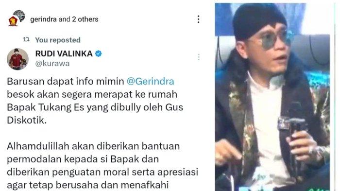 Kolase Foto postingan Partai Gerindra dan Gus Miftah. Partai Gerindra bakal mendatangi rumah penjual es teh yang diduga dihina Gus Miftah.  Partai pimpinan Prabowo Subianto, mau apa?