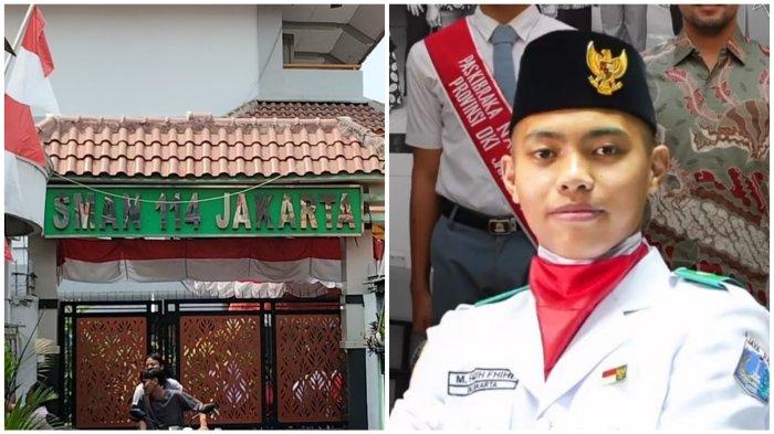 Kolase foto SMAN 114 Jakarta dan Muhammad Faqih Fhihi yang menjadi anggota Paskibraka Nasional 2023.