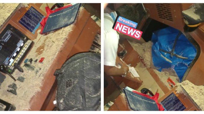 Kondisi kabin masinis KA Gajayana dipenuhi bubuk tebu usai tabrakan dengan truk di Nganjuk, Jawa Timur pada Senin (24/7/2023).