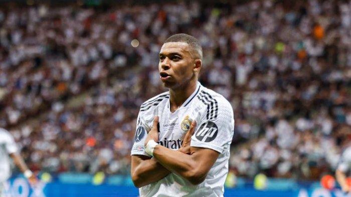 PEMAIN KUNCI -- Potret selebrasi penyerang Real Madrid Kylian Mbappe setelah mencetak gol.