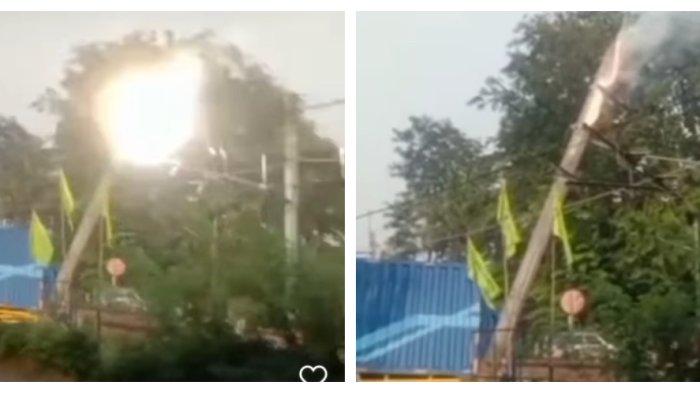 Ledakan tiang listrik aliran atas kereta rel listrik usai ditabrak truk boks di wilayah Bintaro, Jakarta Selatan pada Selasa (25/7/2023).