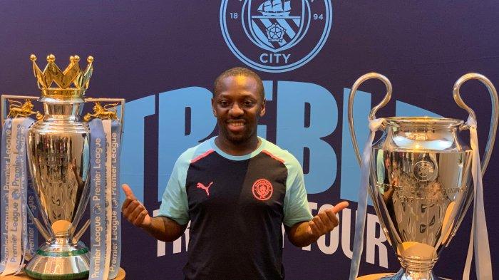 Legenda Manchester City Shaun Wright-Philips, dalam jumpa pers trophy tour di Jakarta, Kamis (28/9/2023).