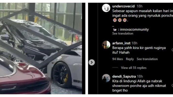 Mobil Mitsubishi XPander menyeruduk mobil mewah Porsche yang sedang terparkir di dalam showroom di kawasan PIK, Tangerang pada Kamis (14/3/2024).