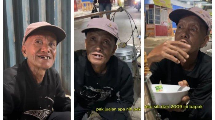 Kolase Foto Momen kakek penjual bakso cuanki keliling Dodo saat curhat viral di media sosial.  Momen kakek Dodo penjual bakso cuanki keliling saat jatuh di KBT, Jakarta Timur. Dagangan jatuh semua dan reaksi warga disorot.