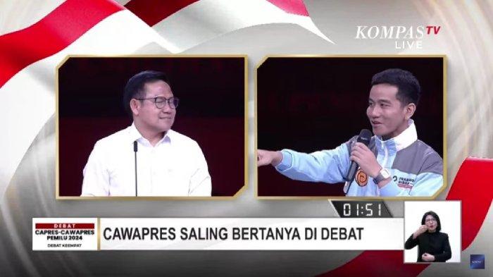 Cawapres Muhaimin Iskandar dengan cawapres Gibran Rakabuming di debat cawapres, Minggu (21/1/2024).