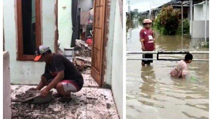 PUTING BELIUNG BEKASI - Seorang warga Tambun membersihkan rumahnya yang rusak akibat tersapu puting beliung di Jalan KH Mukhlis, Tambun Selatan, Kabupaten Bekasi, Jawa Barat, Kamis (6/2/2025) pagi dan Sejumlah permukiman di Desa Cengkong, Kecamatan Purwasari, terendam banjir pada Kamis (6/2/2025).