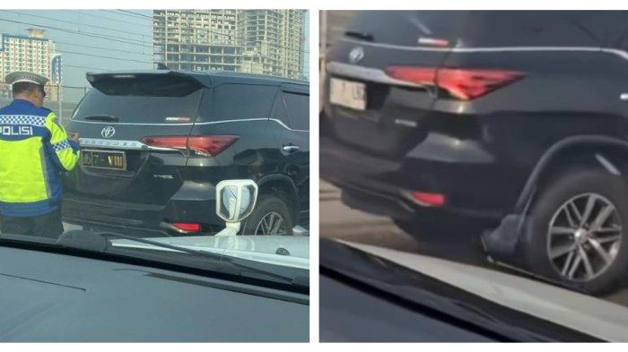 Pelat nomor mobil Toyota Fortuner seketika berubah setelah menjadi nopol sipil setelah menabrak mini bus elf di Tol MBZ arah Jakart.