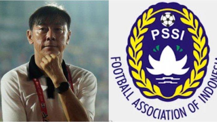 Pelatih Shin Tae-yong dan logo PSSI.
