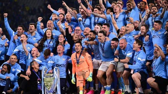 Pemain Manchester City merayakan kemenangan juara Liga Champions 2022-2023.