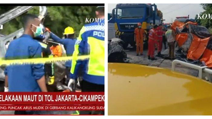 Penampakan minibus Grandmax hangus terbakar yang menewaskan seluruh penumpang di KM 58 Tol Jakarta-Cikampek pada Senin (8/4/2024) pukul 07.04 WIB.