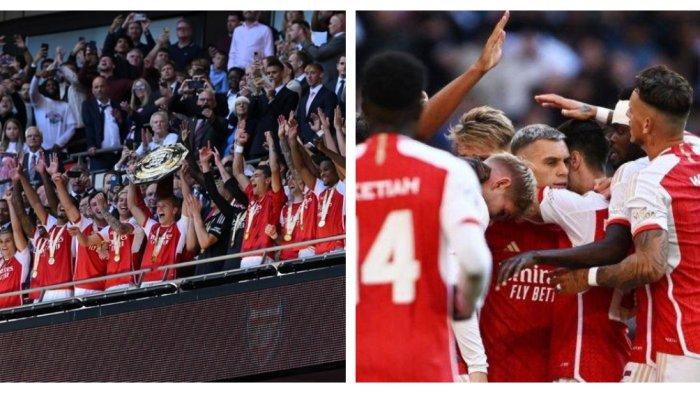 (Kiri foto) Arsenal menjadi juara Community Shield 2023 usai mengalahkan Man City via adu penalti di Stadion Wembley, Minggu (6/8/2023) (Kanan foto) Para pemain Arsenal melakukan selebrasi usai mencetak gol ke gawang Manchester City di final Community Shield atau Piala FA harus diselesaikan sampai penalti di Stadion Wembley, Minggu (6/8/2023) malam.