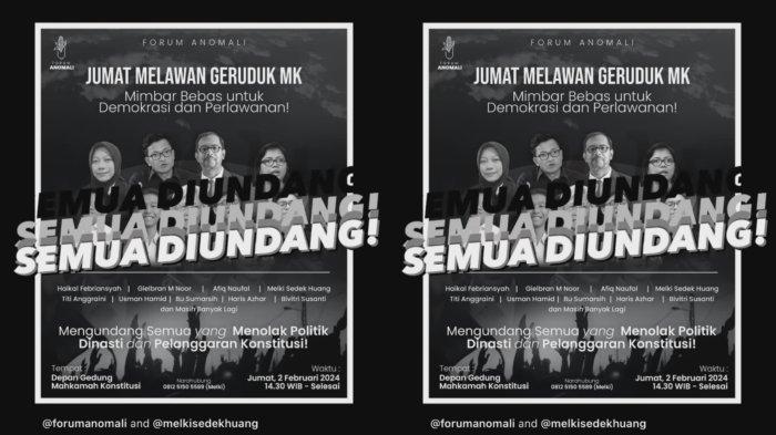 Poster soal aksi kritik di depan Gedung MK terkait penolakan politik dinasti yang digelar oleh Forum Anomali. Melki Sedek rencananya akan ikut bagian dalam aksi itu.