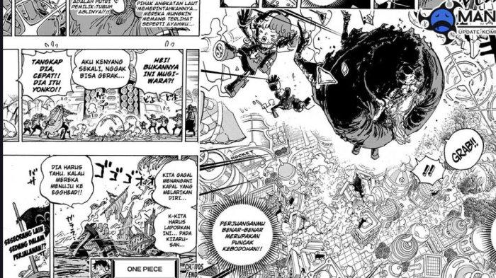 Potongan manga One Piece 1105. Kuma kembali kehilangan kesadaran dan menyerang Bonney yang menaiki kapsul.