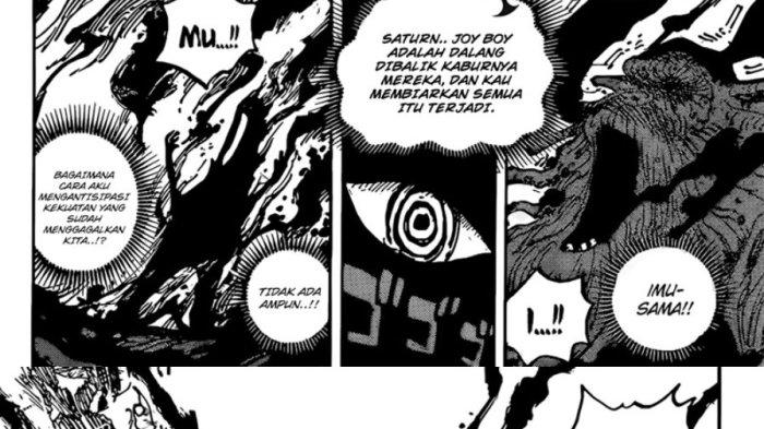 Potongan manga One Piece 1125. Gorosei Saturn tampang hangus dan mengering saat kekuatannya dicabut oleh Imu Sama.