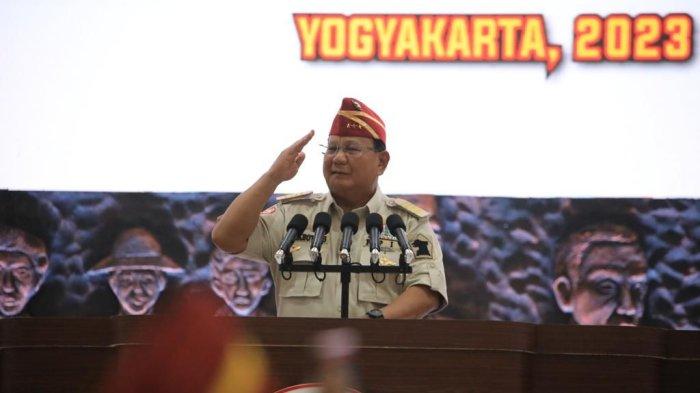 Prabowo Subianto di acara Reuni Akbar dan Halal Bihalal Persatuan Purnawirawan Indonesia Raya (PPIR) TNI-Polri di Jogja Expo Center, Yogyakarta, Rabu, (3/5/2023).