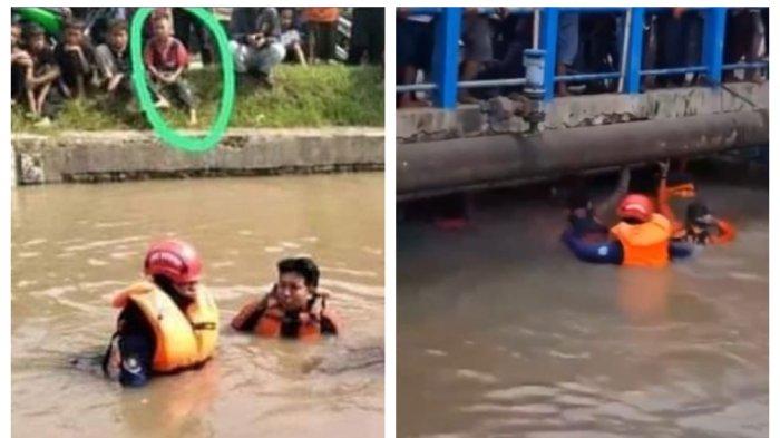 Proses pencarian bocah yang dikabarkan hanyut di saluran irigasi, Brebes, Jawa Tengah, pada Kamis (23/2/2024), padahal korban yang dimaksud asyik menonton proses evakuasi