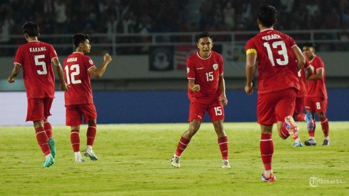 Reaksi pemain Timnas Indonesia, Rayhan Hanan (tengah) setelah Muhammad Ferarri mencetak gol.