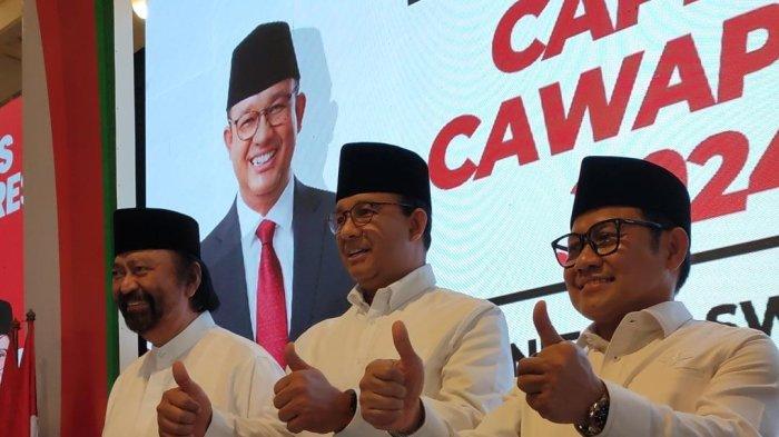 Reaksi Anies Baswedan saat deklarasi bersama Muhaimin Iskandar atau Cak Imin di Hotel Majapahit, Surabaya pada Sabtu (2/9/2023).