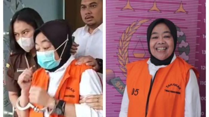 SENYUM BU KADES - Gestur Kepala Desa Cikujang Heni Mulyani tidak malu tetapi malah tersenyum lebar setelah ditangkap kasus korupsi dana desa.