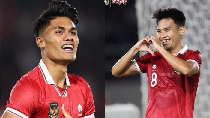 Dua penyerang Timnas Indonesia U-23 Ramadhan Sananta dan Witan Sulaeman melakukan selebrasi usai mencetak gol ke gawang Taiwan dalam ajang Kualifikasi Piala Asia U-23 di Stadion Manahan, Solo, Sabtu (9/9/2023).