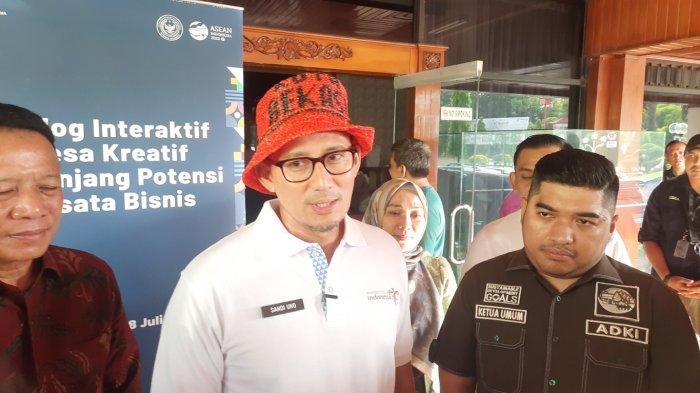 Sandiaga Uno saat menghadiri Dialog Interaktif Desa Kreatif Menunjang Potensi Wisata Bisnis di Balai Patriot, Kota Bekasi, Sabtu (8/7/2023).