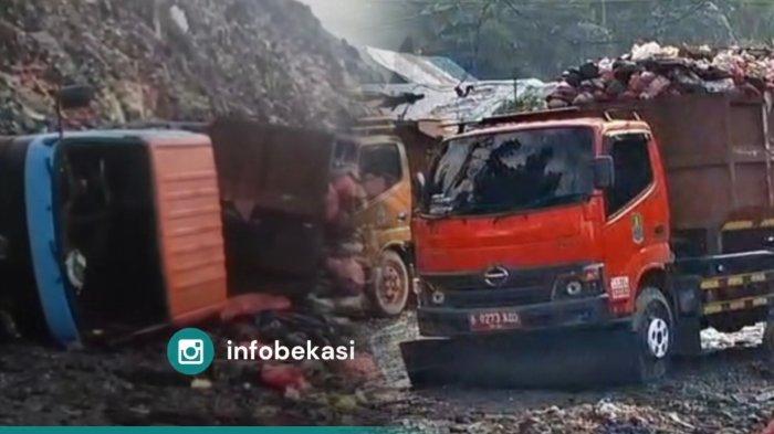 TRUK SAMPAH TERGULING - Tangkapan layar unggahan Instagram @infobekasi yang memperlihatkan truk terguling di TPA Sumur Batu, kondisi fasilitas pembuangan sampah akhir milik Pemkot Bekasi itu kian memprihatinkan karena oveload dan minim fasilitas alat berat. 