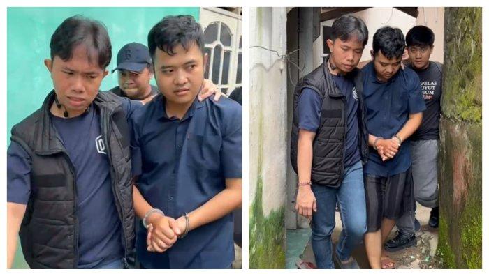 Tampang AARN (kanan), pelaku pembunuhan wanita berinisial RM (50) yang jasadnya ditemukan di dalam koper di Bekasi, saat ditangkap di Palembang, Sumatera Selatan