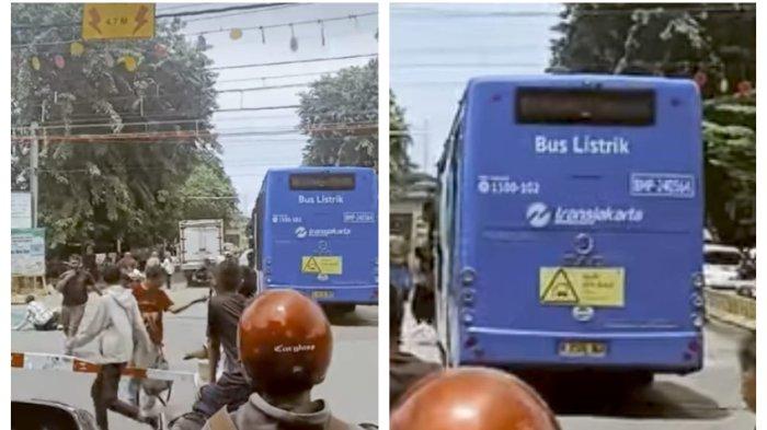Penumpang berhamburan keluar dari bus TransJakarta di perlintasan rel KA Green Garden arah Pasar Baru, Jakarta Barat, Sabtu (15/2/2025). (Instagram/jakartasiana)