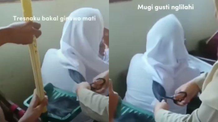 Terjadi lagi seorang guru terlihat mencukur rambut siswi yang menggunakan jilbab di sebuah sekolah.