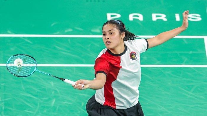 Tunggal putri Indonesia, Gregoria Mariska Tunjung ketika beraksi di Olimpiade Paris 2024.