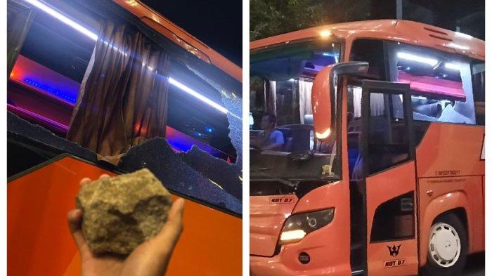 MOMEN MEMALUKAN - Bus Persik Kediri dilempari batu oleh oknum suporter setelah laga melawan Arema di Stadion Kanjuruhan Kepanjen, Jawa Timur pada Minggu (12/5/2025). (X Casual Ultra Indonesia dan Kompas.com/Suci Rahayu).