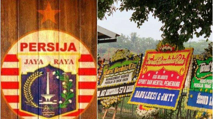 Kelompok pendukung Persija Jakarta, The Jakmania, mengirim sejumlah karangan bunga ke markas tim berjuluk Macan Kemayoran itu di pinggir lapangan latih Persija, di Nirwana Park, Sawangan, Jawa Barat, Selasa (24/10/2023).